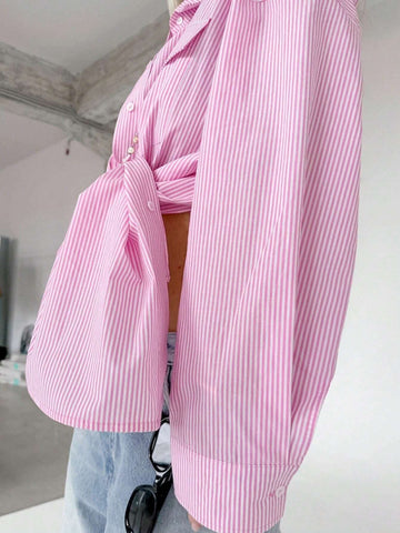 Women's Autumn Striped Drop Shoulder Long Sleeve Button Front Loose Casual Shirt