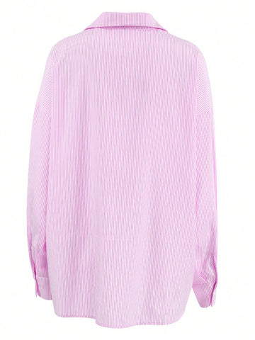 Women's Autumn Striped Drop Shoulder Long Sleeve Button Front Loose Casual Shirt