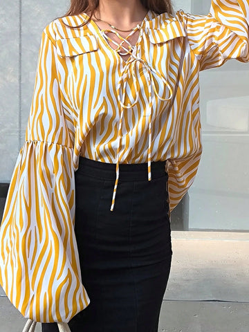 Women's Autumn Striped Lantern Sleeve With Tie Collar Casual Loose Blouse