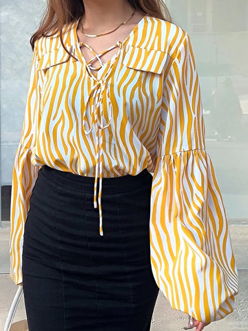 Women's Autumn Striped Lantern Sleeve With Tie Collar Casual Loose Blouse