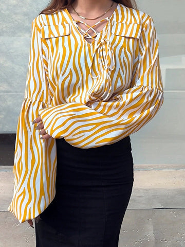 Women's Autumn Striped Lantern Sleeve With Tie Collar Casual Loose Blouse