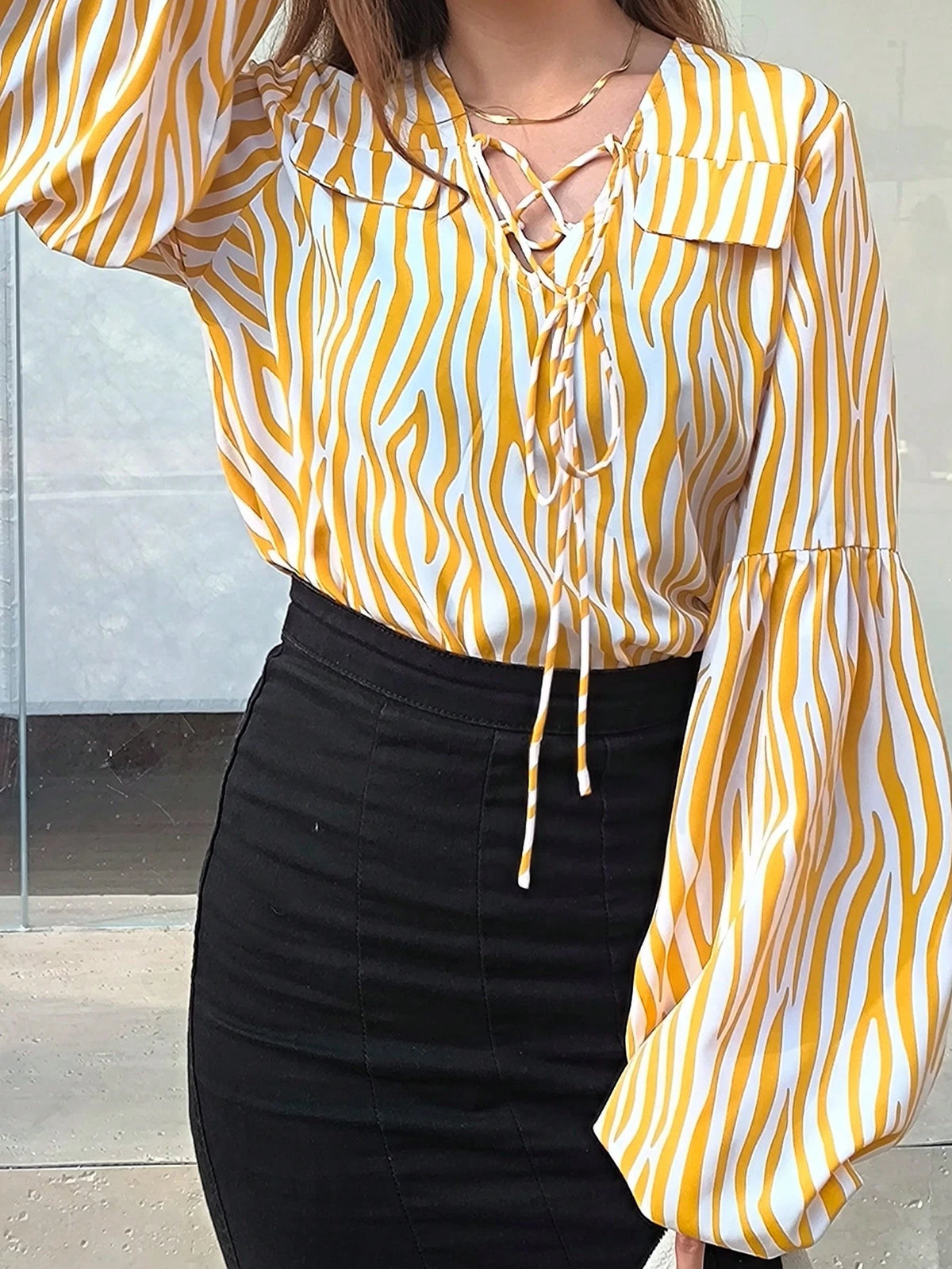 Women's Autumn Striped Lantern Sleeve With Tie Collar Casual Loose Blouse