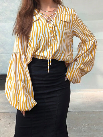 Women's Autumn Striped Lantern Sleeve With Tie Collar Casual Loose Blouse