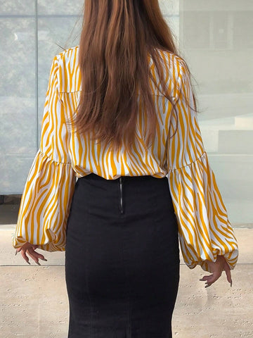 Women's Autumn Striped Lantern Sleeve With Tie Collar Casual Loose Blouse