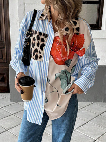 Women's Autumn Striped Long Sleeve Single-Breasted Splicing Leopard Print Casual Shirt