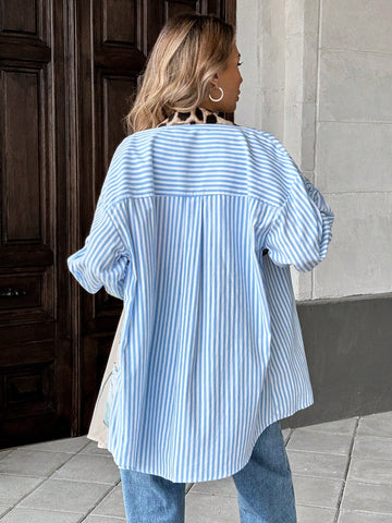 Women's Autumn Striped Long Sleeve Single-Breasted Splicing Leopard Print Casual Shirt