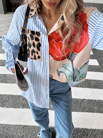 Women's Autumn Striped Long Sleeve Single-Breasted Splicing Leopard Print Casual Shirt