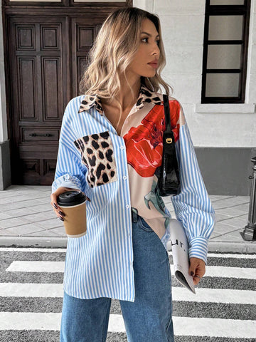 Women's Autumn Striped Long Sleeve Single-Breasted Splicing Leopard Print Casual Shirt