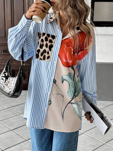 Women's Autumn Striped Long Sleeve Single-Breasted Splicing Leopard Print Casual Shirt