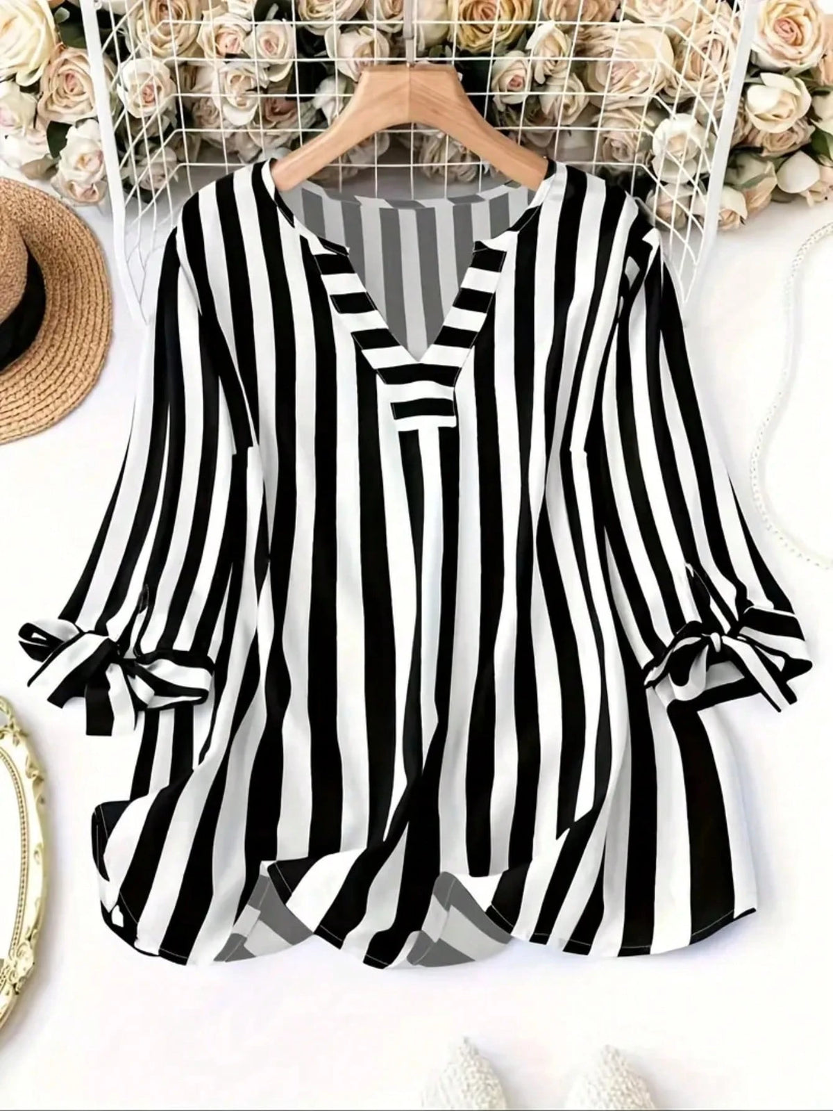 Women's Autumn Striped Notch Neck Sleeve Tie Loose Blouse