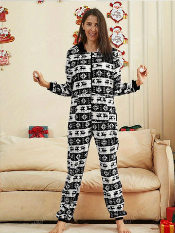 Women's Autumn & Winter Flannel Thermal Long-Sleeved Elk Print Christmas Romper Casual Festive Hooded Jumpsuit