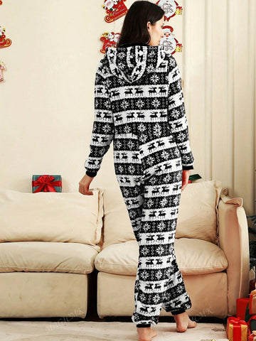 Women's Autumn & Winter Flannel Thermal Long-Sleeved Elk Print Christmas Romper Casual Festive Hooded Jumpsuit