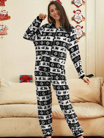 Women's Autumn & Winter Flannel Thermal Long-Sleeved Elk Print Christmas Romper Casual Festive Hooded Jumpsuit