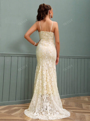 Women's Back To School Romantic Lace Sleeveless Strap Side Slit Formal Evening Gown