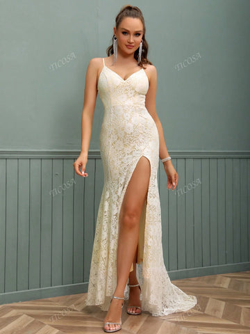 Women's Back To School Romantic Lace Sleeveless Strap Side Slit Formal Evening Gown