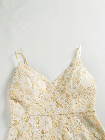 Women's Back To School Romantic Lace Sleeveless Strap Side Slit Formal Evening Gown