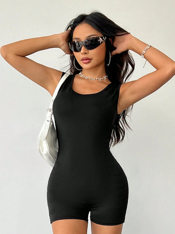 Women's Backless Cut Out Cross Front Sleeveless Bodysuit With Tight Shorts