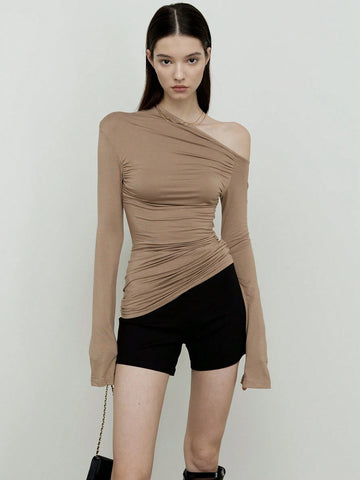 Women's Basic Irregular Off-Shoulder Design Long Sleeve Top, Autumn