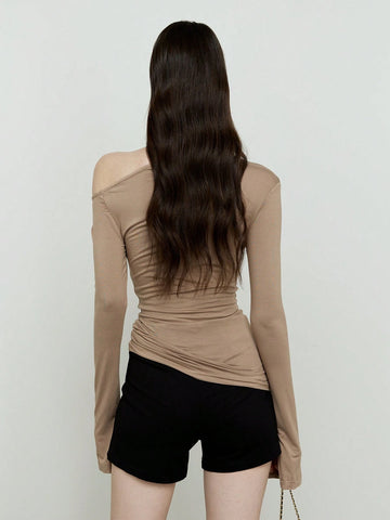 Women's Basic Irregular Off-Shoulder Design Long Sleeve Top, Autumn