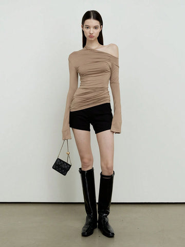 Women's Basic Irregular Off-Shoulder Design Long Sleeve Top, Autumn