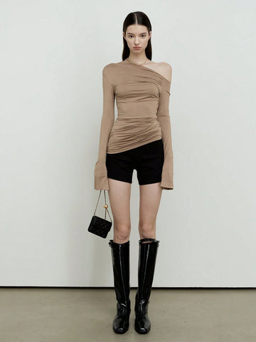 Women's Basic Irregular Off-Shoulder Design Long Sleeve Top, Autumn