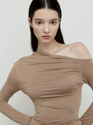 Women's Basic Irregular Off-Shoulder Design Long Sleeve Top, Autumn