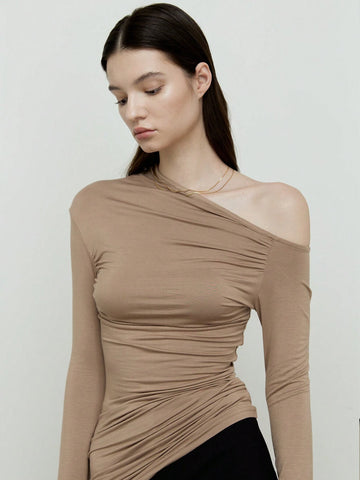 Women's Basic Irregular Off-Shoulder Design Long Sleeve Top, Autumn