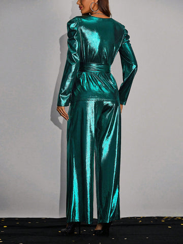 Women's Batwing Sleeve Wrap Top & Wide Leg Pants With Belt, 2pcs/set