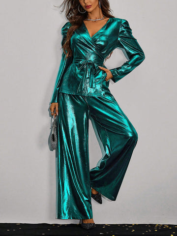 Women's Batwing Sleeve Wrap Top & Wide Leg Pants With Belt, 2pcs/set