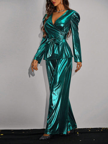 Women's Batwing Sleeve Wrap Top & Wide Leg Pants With Belt, 2pcs/set