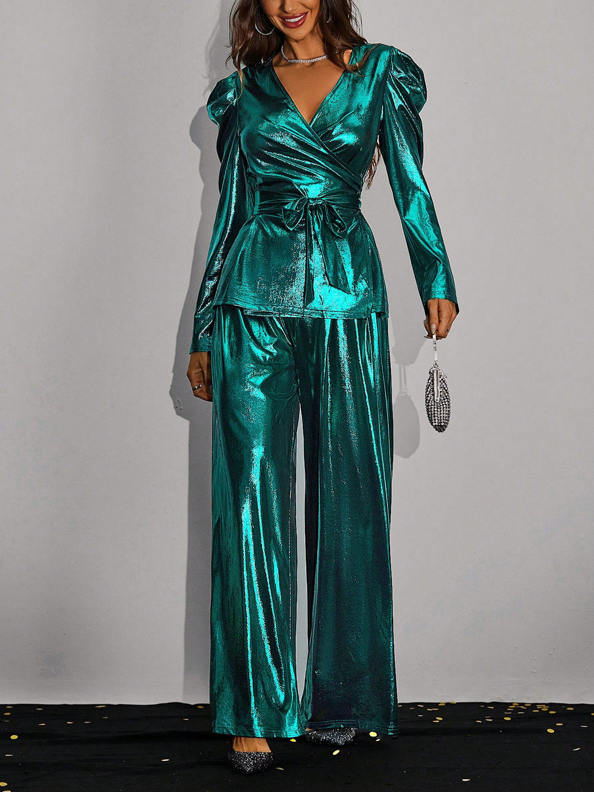 Women's Batwing Sleeve Wrap Top & Wide Leg Pants With Belt, 2pcs/set