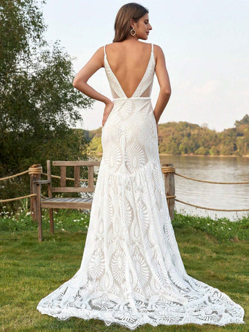 Women's Beach Wedding Dresses For Bride Vintage Long Sleeves Lace Bohemian Bridal Gown