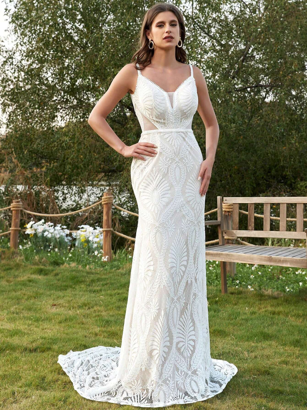 Women's Beach Wedding Dresses For Bride Vintage Long Sleeves Lace Bohemian Bridal Gown