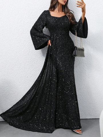 Women's Beaded V-Neck Ruffle Sleeve Formal Evening Gown, Wedding Party Cocktail Dress