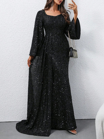 Women's Beaded V-Neck Ruffle Sleeve Formal Evening Gown, Wedding Party Cocktail Dress