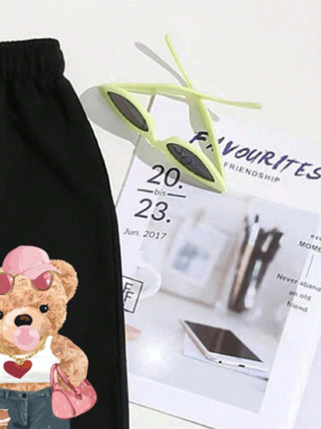 Bear Print Sweatpants With Elastic Cuffs