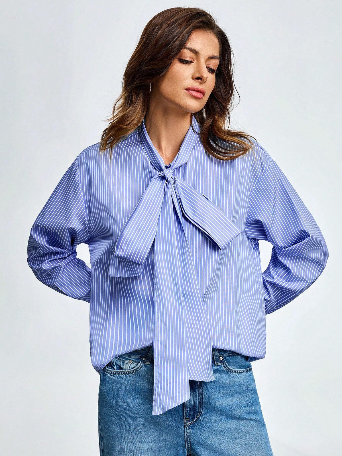 Women's Big Bow Tie Long Sleeve Striped Shirt, Elegant Design Commuting Style, Classic Vertical Stripe Lapel Blouse