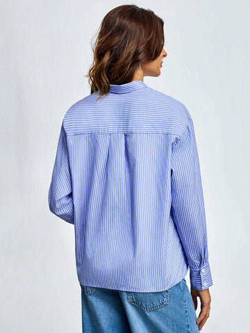 Women's Big Bow Tie Long Sleeve Striped Shirt, Elegant Design Commuting Style, Classic Vertical Stripe Lapel Blouse