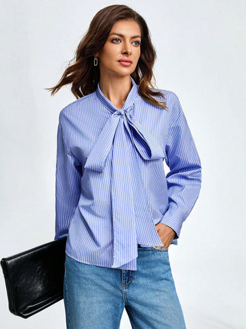 Women's Big Bow Tie Long Sleeve Striped Shirt, Elegant Design Commuting Style, Classic Vertical Stripe Lapel Blouse