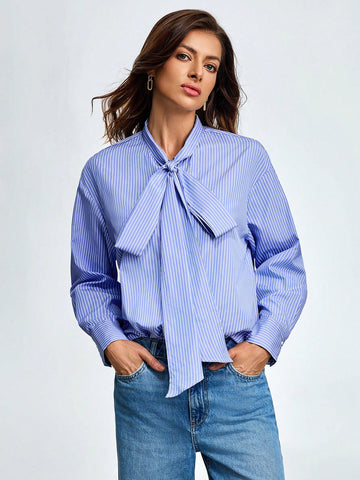 Women's Big Bow Tie Long Sleeve Striped Shirt, Elegant Design Commuting Style, Classic Vertical Stripe Lapel Blouse