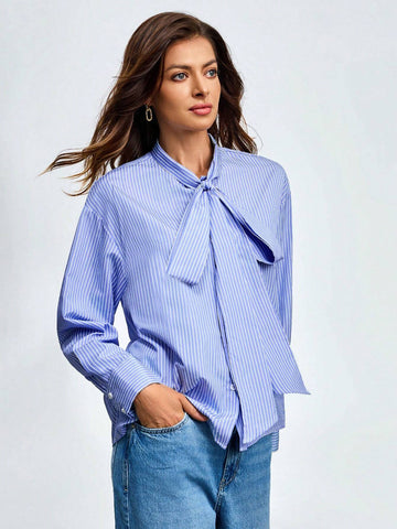 Women's Big Bow Tie Long Sleeve Striped Shirt, Elegant Design Commuting Style, Classic Vertical Stripe Lapel Blouse