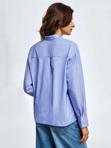 Women's Big Bow Tie Long Sleeve Striped Shirt, Elegant Design Commuting Style, Classic Vertical Stripe Lapel Blouse