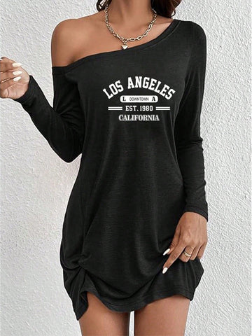 Women's Black Diagonal Shoulder Long Sleeve Simple Top Daily Casual Comfort, Simple Letter Printing, Machine Washable