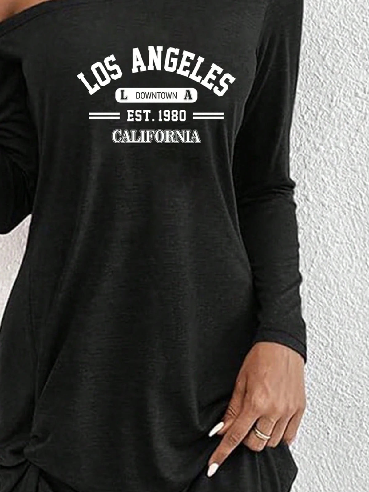 Women's Black Diagonal Shoulder Long Sleeve Simple Top Daily Casual Comfort, Simple Letter Printing, Machine Washable