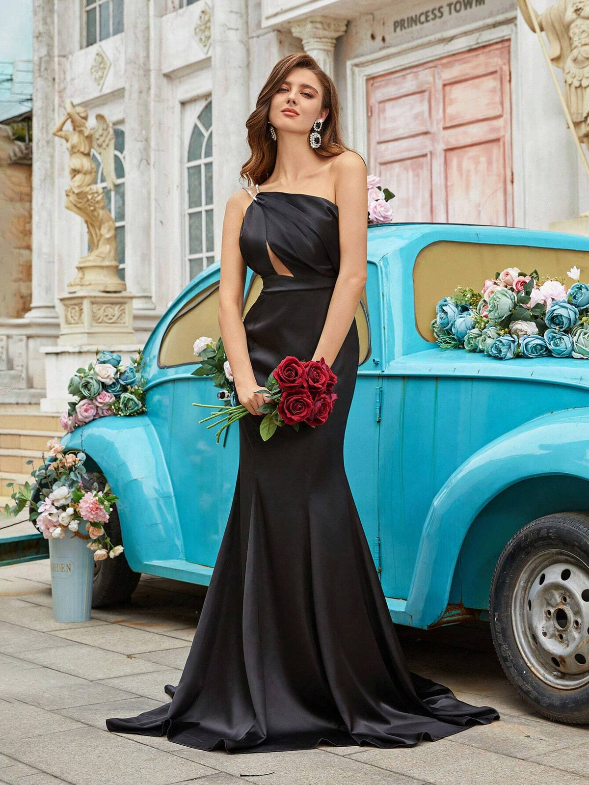 Women's Black Diamond Chain Detail One Shoulder Sleeveless Mermaid Hem Hollow Out Evening Dress