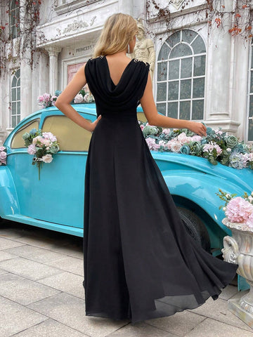 Women's Black Embroidery Lace Draped-Neck Bridesmaid Dress