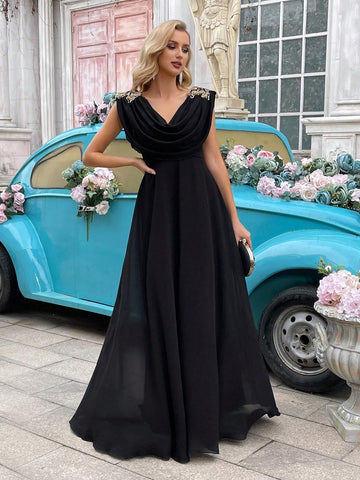 Women's Black Embroidery Lace Draped-Neck Bridesmaid Dress