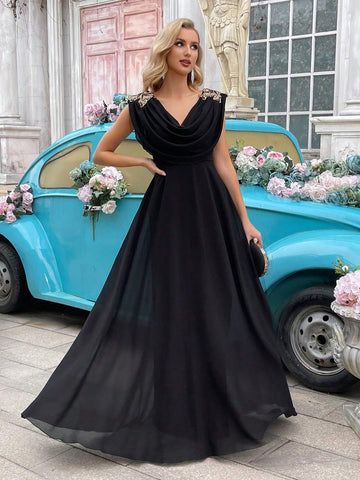 Women's Black Embroidery Lace Draped-Neck Bridesmaid Dress