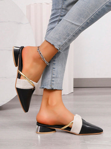 Women's Black Fashion Sexy Versatile Pointed Toe Splicing Upper Gold Stripe Design Elegant Slip-On