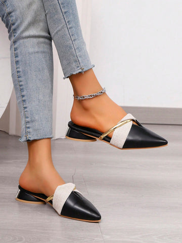 Women's Black Fashion Sexy Versatile Pointed Toe Splicing Upper Gold Stripe Design Elegant Slip-On